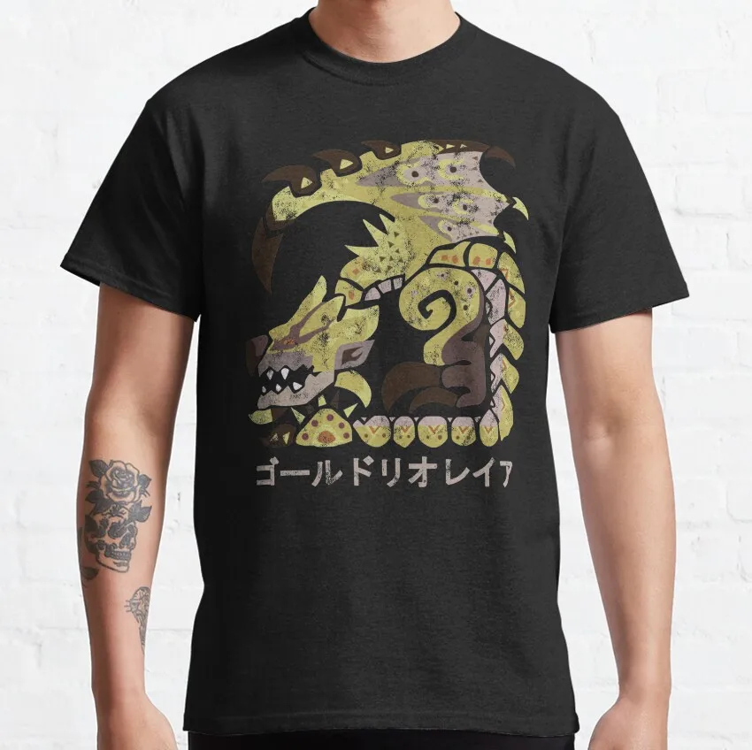 

Retro Monster Hunter World Iceborne Gold Rathian Kanji gift t shirt Cartoon Video game MHW Graphic Tee Y2K Clothes All size tops