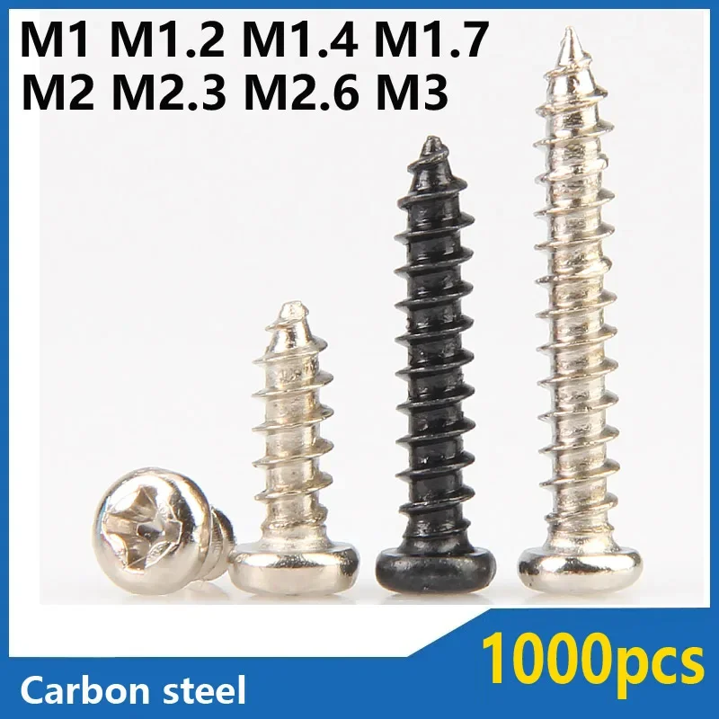 500-1000pcs M1 M1.2 M1.4 M1.7 M2 M2.3 M2.6 M3 Small MicroCarbon Steel Cross Phillips Pan Round Head Self Tapping Wood Screw