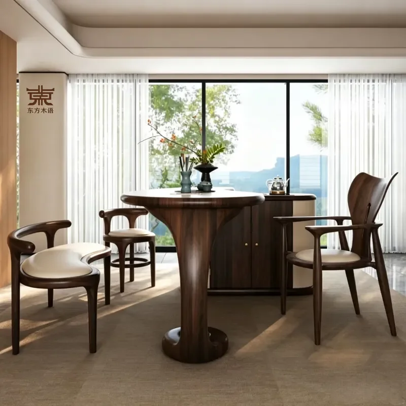 New Chinese Style Solid Wood Tea Table and Chair Set Black Walnut Office Balcony Tea Desk 2026 New Cashew Nut Shaped Design