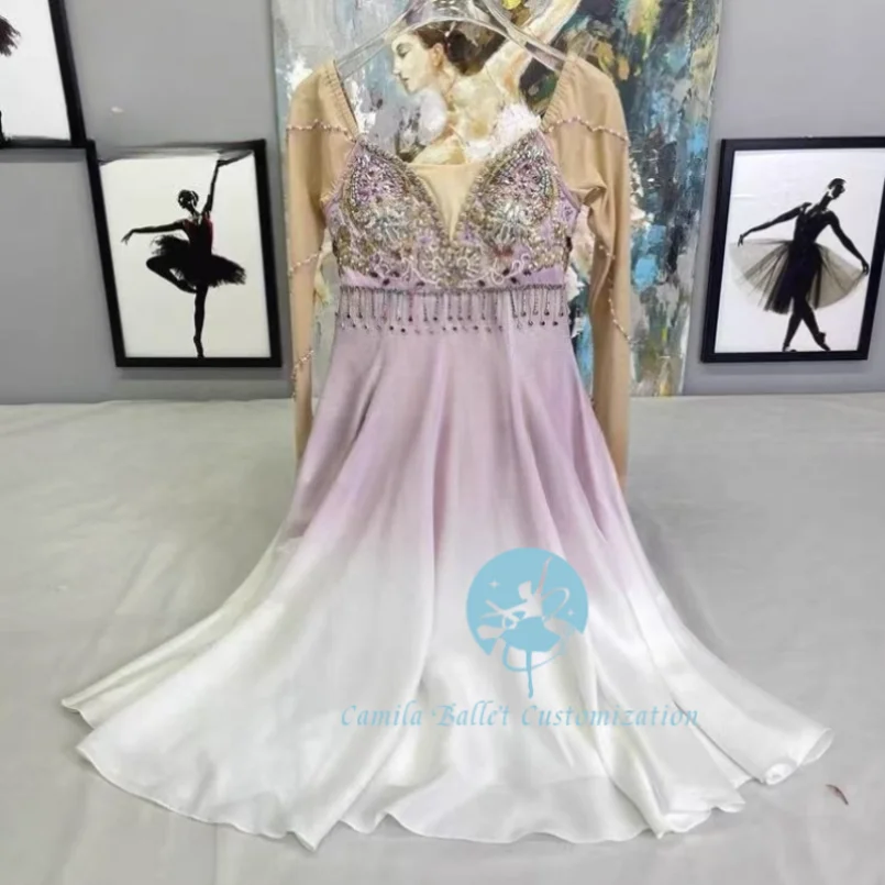 Falda larga de competición de ballet de manga larga de bailarina lila púrpura de alta gama para adultos y niños personalización privada