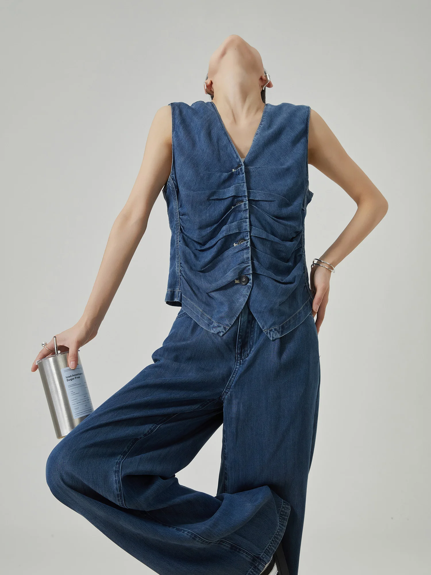 

Retro Style Sleeveless V-Neck Denim Vest And Pants Set Slimming Two-Piece Summer Design Casual High Waist Long Pants