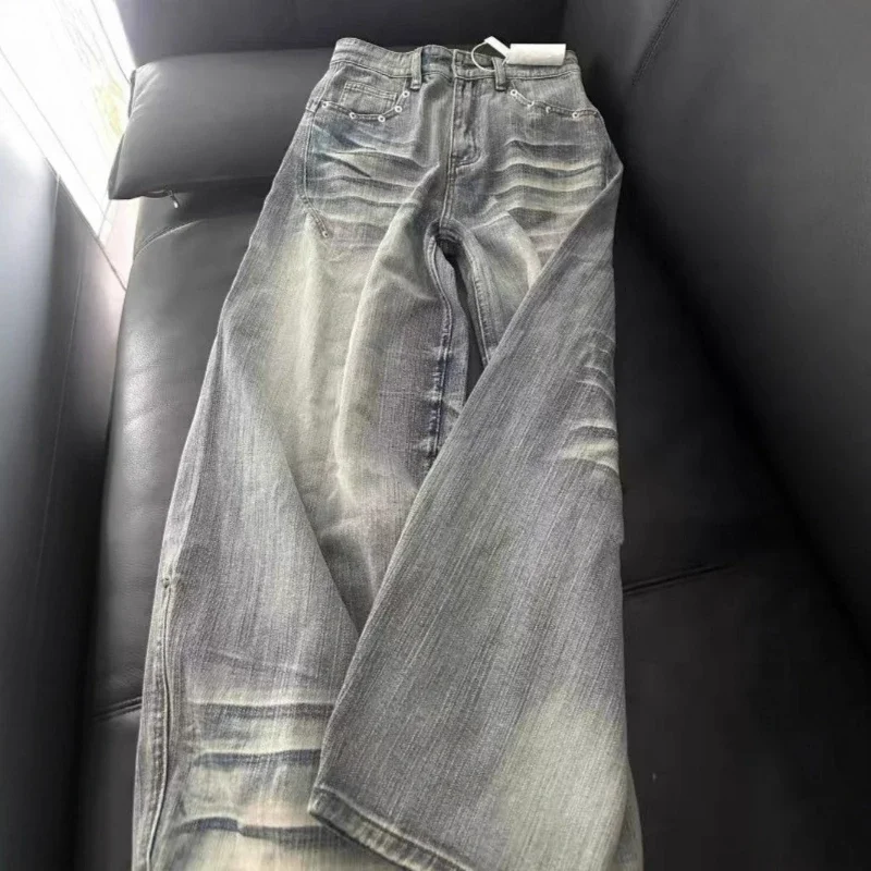 Women Wide Leg Pants Jeans Washed Solid Loose Low Waist Trousers Streetwear Casual Distressed Full Length Denim Pant Lady Autumn