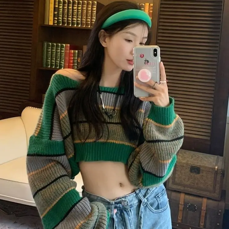 Lazy style color striped short sweater autumn 2024 new Spice girl pullover temperament long-sleeved knitted top woman