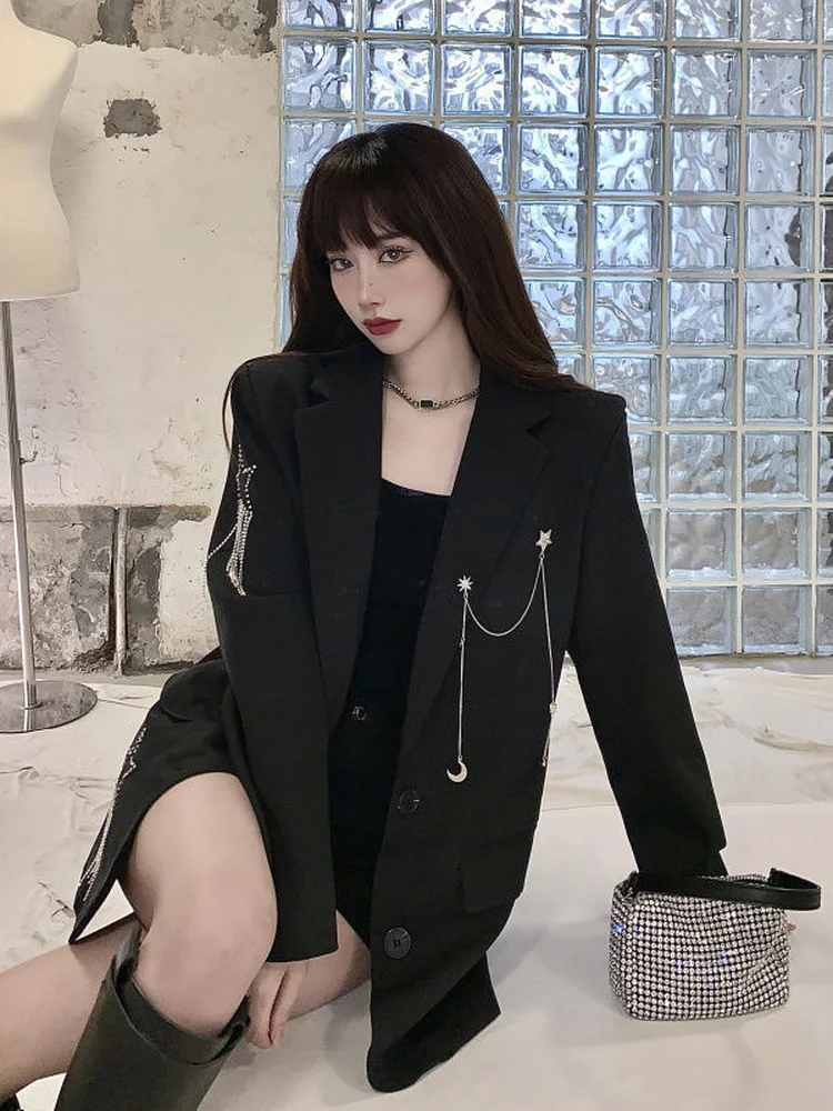 KOSAHIKI Harajuku Black Blazer Coat Women Chain Patchwork Star Rhinestones Punk Gothic Jackets Korean Fashion Streetwear Kurtka