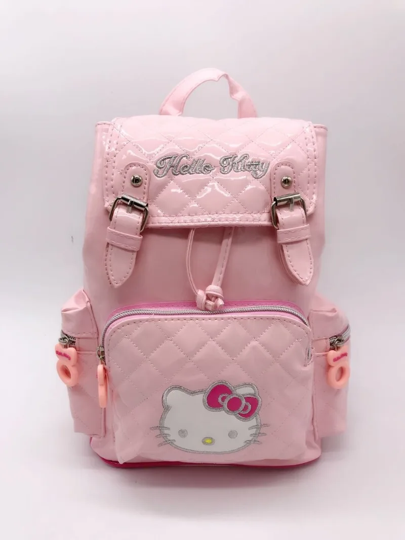 Sanrio New Korean Style Casual PU Glossy Drawstring Back Pack for Girls Going Out Hello Kitty Backpack Waterproof School Bag