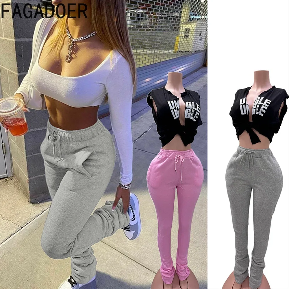 

FAGADOER Autumn Winter Streetwear Stacked Leggings Pants Women Solid Drawstring Pocket High Waist Pants Sporty Casual Bottoms