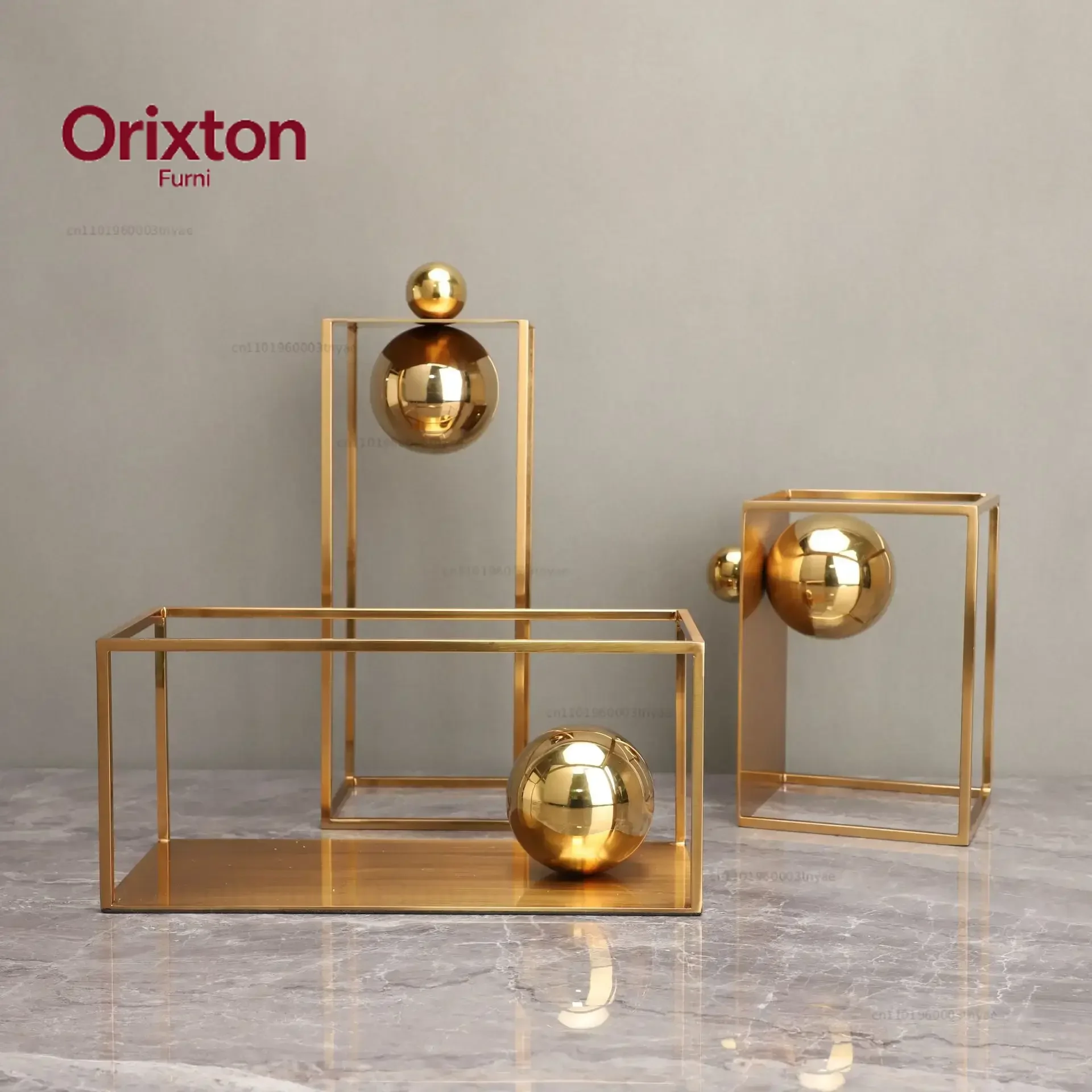 Golden Photo Frame Spherical Ornaments Metal Crafts Geometric Box Abstract Sculpture Metal Decorative Ornaments Home Decoration