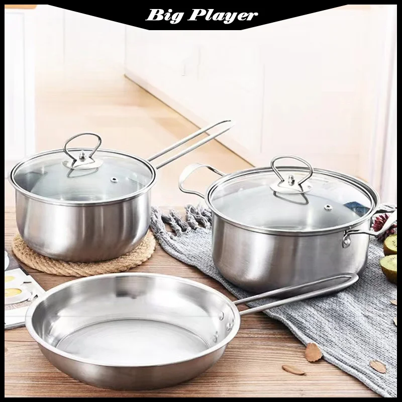 3‑Piece Korean‑Style Stainless Steel Cookware Set Soup Pot Milk Pan Rust‑Proof Durable Easy‑Clean Kitchenware Household Cooking