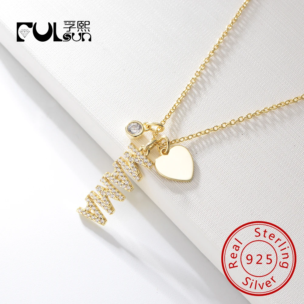 

925 Sterling Silver 14K Gold Plated Jewelry Cz Letter Mama baby Mother'S Day Pendant Love Heart Zircon Necklace