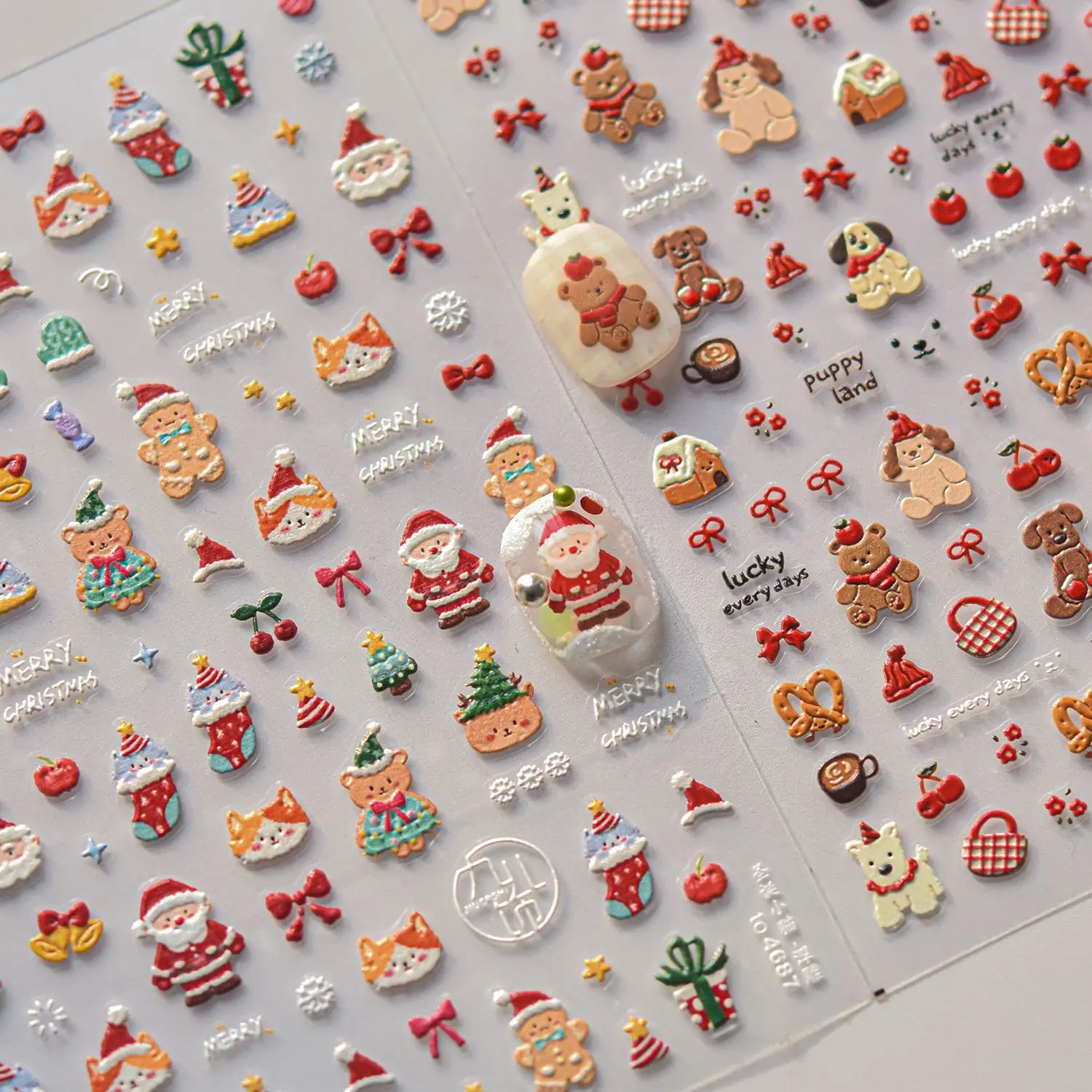 Embossed Nail Stickers Mini Christmas Tree Snowflake Cute Cartoon Bear Puppy Cat Back Glue Nail Accessories 3D Decrations Decals