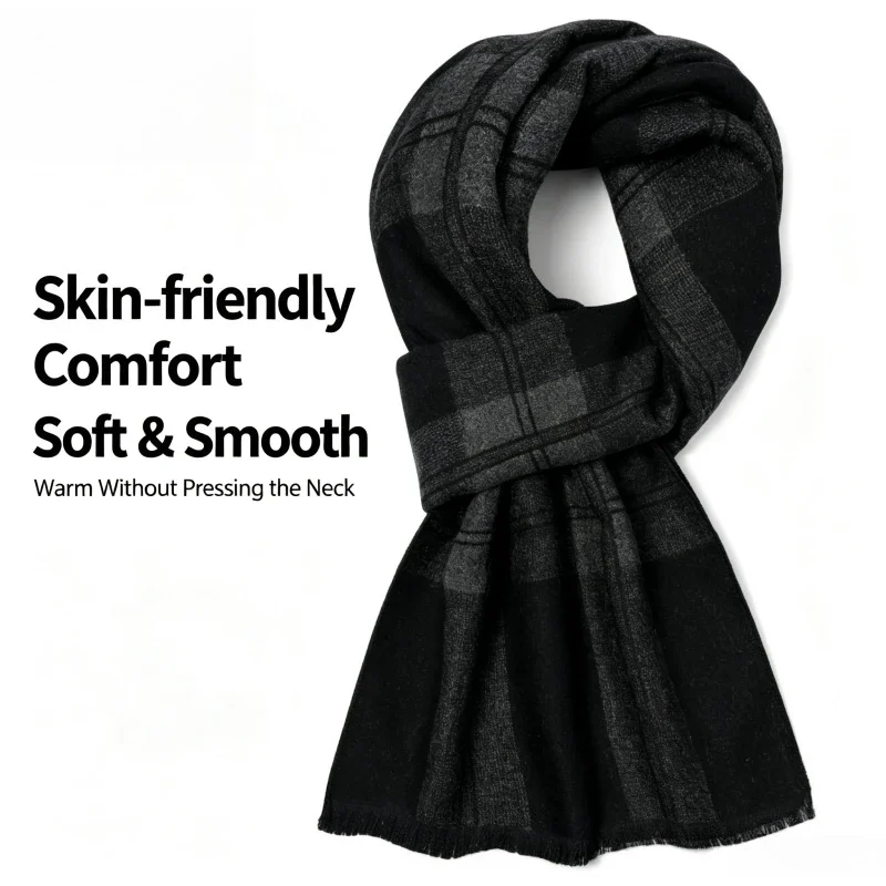 1 Pcs British Black and Gray Checkered Men's Scarf Wool Blend Thick and Warm Business Gift Dad Style Long Scarf