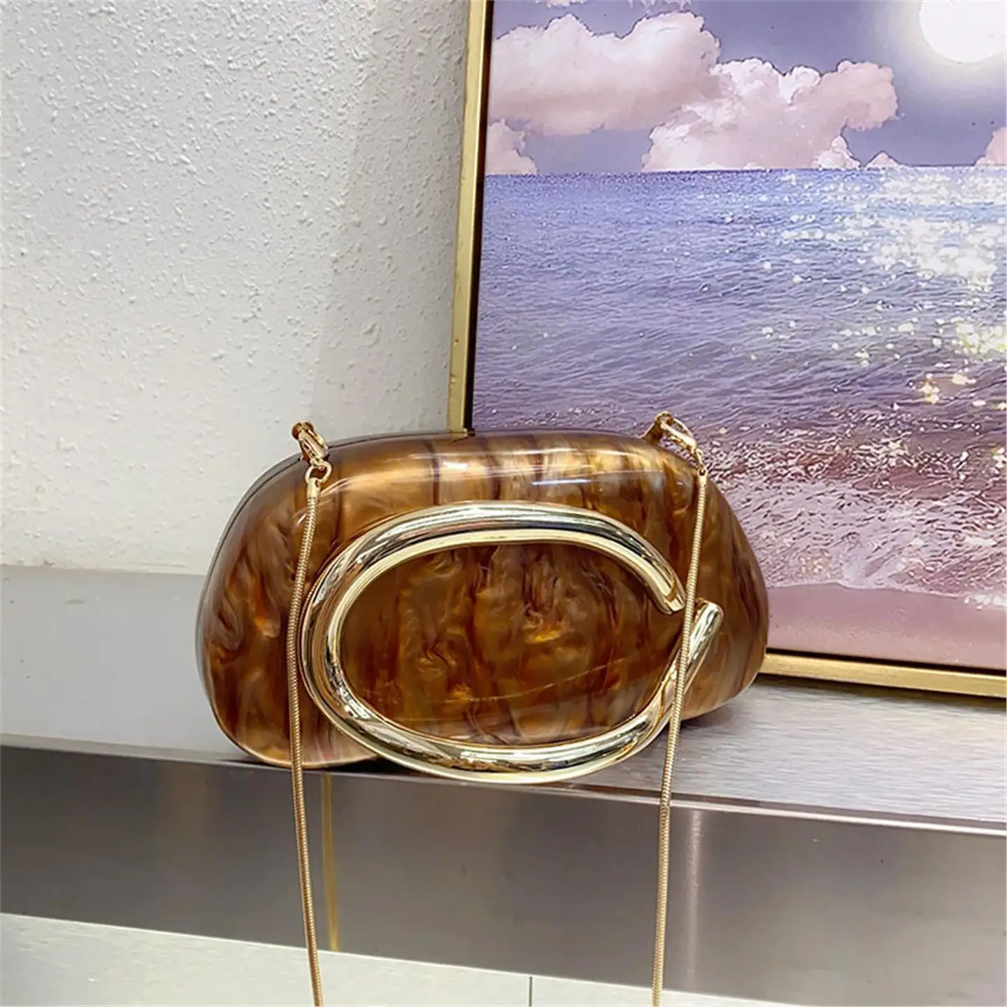 

Marble Acrylic Handheld Dinner Bag Metal Box Small Square Bag for Parties Versatile Phone Clutch Crossbody Bag Casual Sle