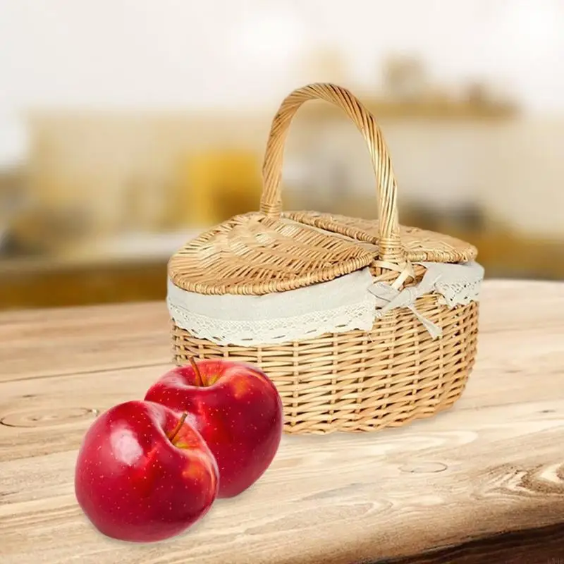 KX4B BBQ Photography Props ถุงเก็บของทอทำด้วยมือพร้อมฝาจับ