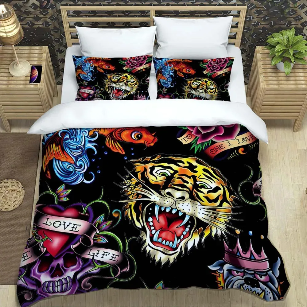 3PCS Single-sided Tattoo Tiger Printed Comforter Bedding Sets Comfortable Bedspreads Comforter Duvet Gift King Queen Bedding Set