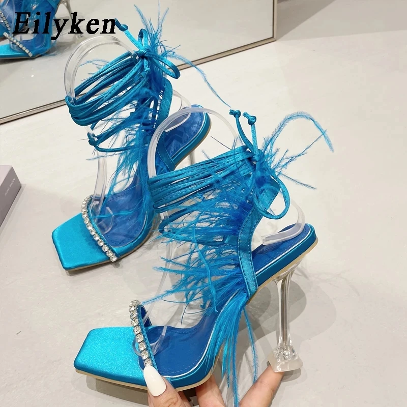 Eilyken Fashion Summer Rhinestone Feather Women Sandals Lace-up Cross-Tied Sexy Gladiator Square Toe Ladies High Heel Shoes