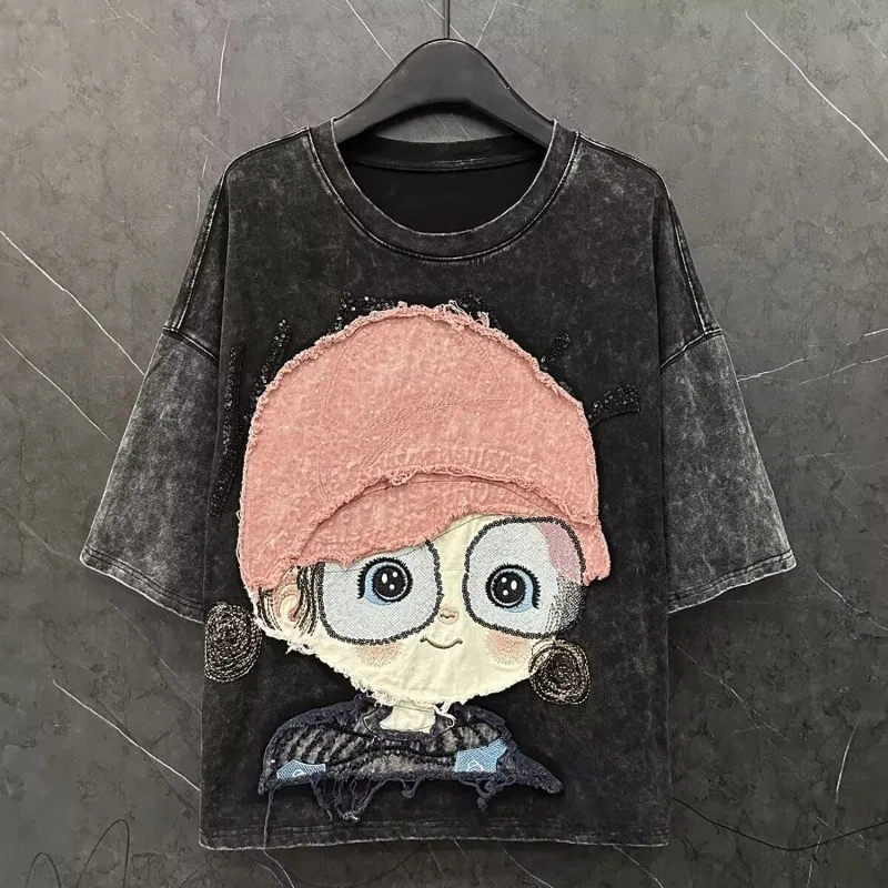 

Spring Summer Heavy Craftsmanship New Cartoon Glasses Girls Patch Short Sleeved T Shirt Women Loose Age Reducing Casual Tops