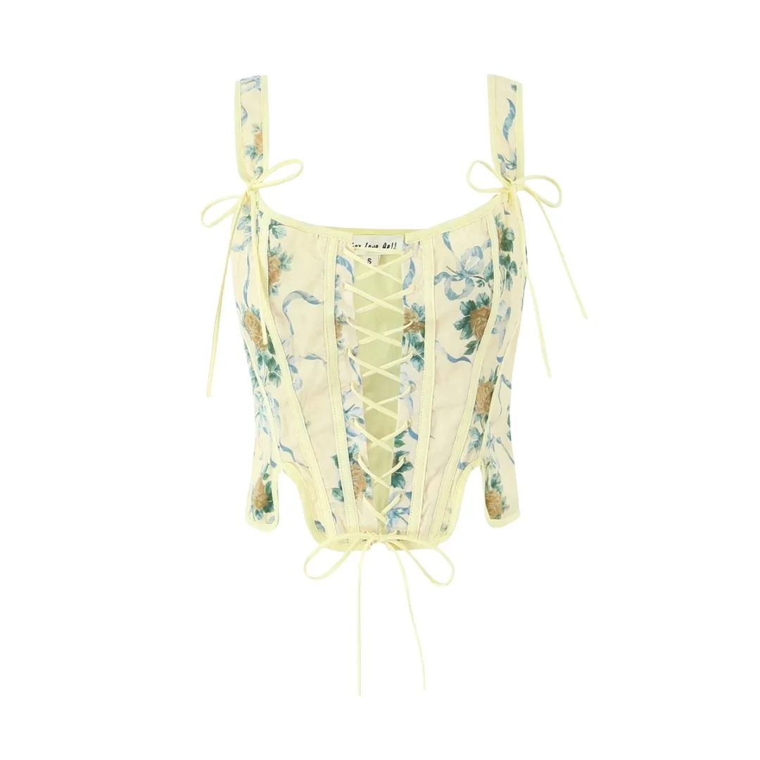 Women Sleeveless Summer Lace Up Bandage Callie Lemon Rose Print Reversible Cotton Corset Top