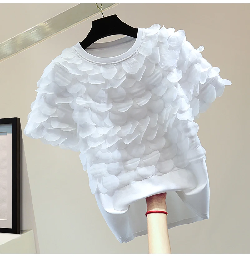 

Fashion Petal Crew Neck T-Shirt Ladies 2025 Spring and Summer New Korean Version Solid Color Short Sleeve Straight Elastic Top
