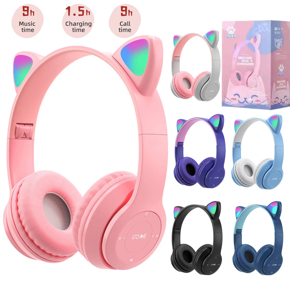 New Cute Cat Ears Headphone Bluetooth5.0 Stereo With Mic Support TF Card Wireless Kids Girl Earphone Birthday Gift