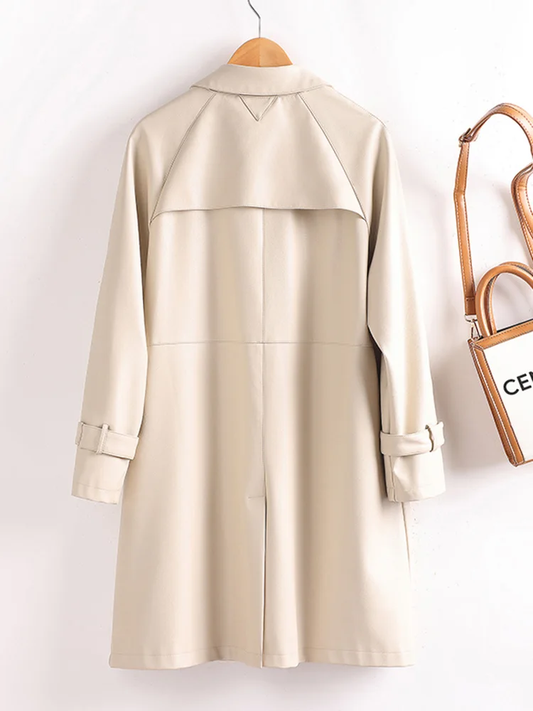 New Women Split Leather Coat Spring Autumn Fashion Chic Design Medium Long  Loose Leathers Trench Casual Female Outerwear