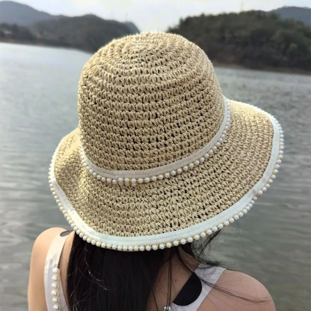 Unique Pearl Women Sun Hat Woven Korean Style Straw Fisherman Hat Visor Cap Breathable Bucket Hat Vacation