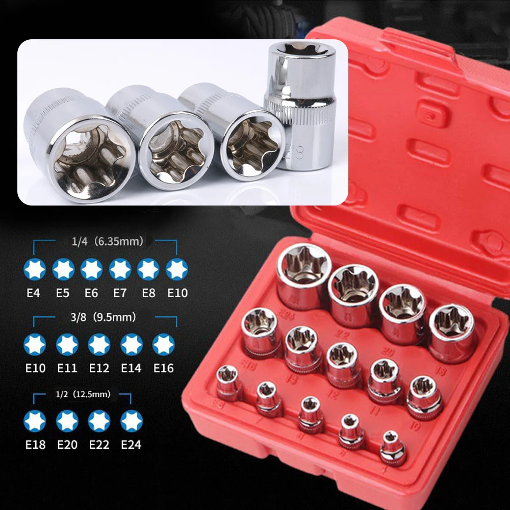 14pcs E Torx Star Bit Socket Set E4-E24 Drive Torque Star Ratchet Socket Adapter Joint Kit Screw Driver Car Repair Handheld Tool