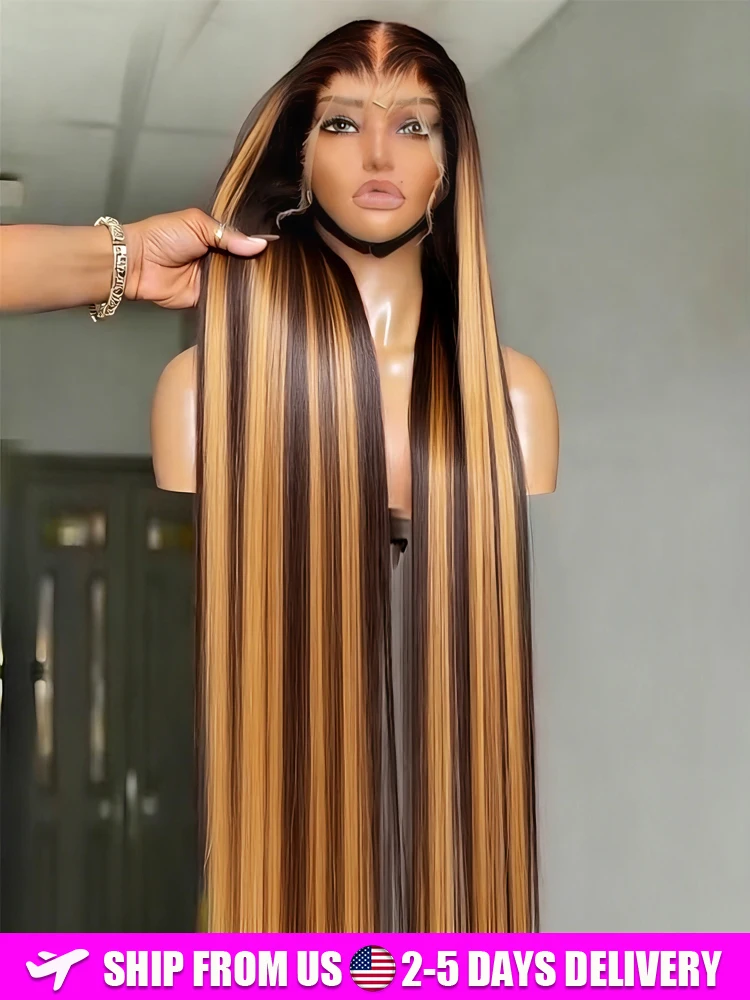 Brown 4/27 Highlight Honey Blonde 230% Density 13x4 Full Frontal HD Lace Pre Plucked Ombre Straight Lace Front Wig Human Hair