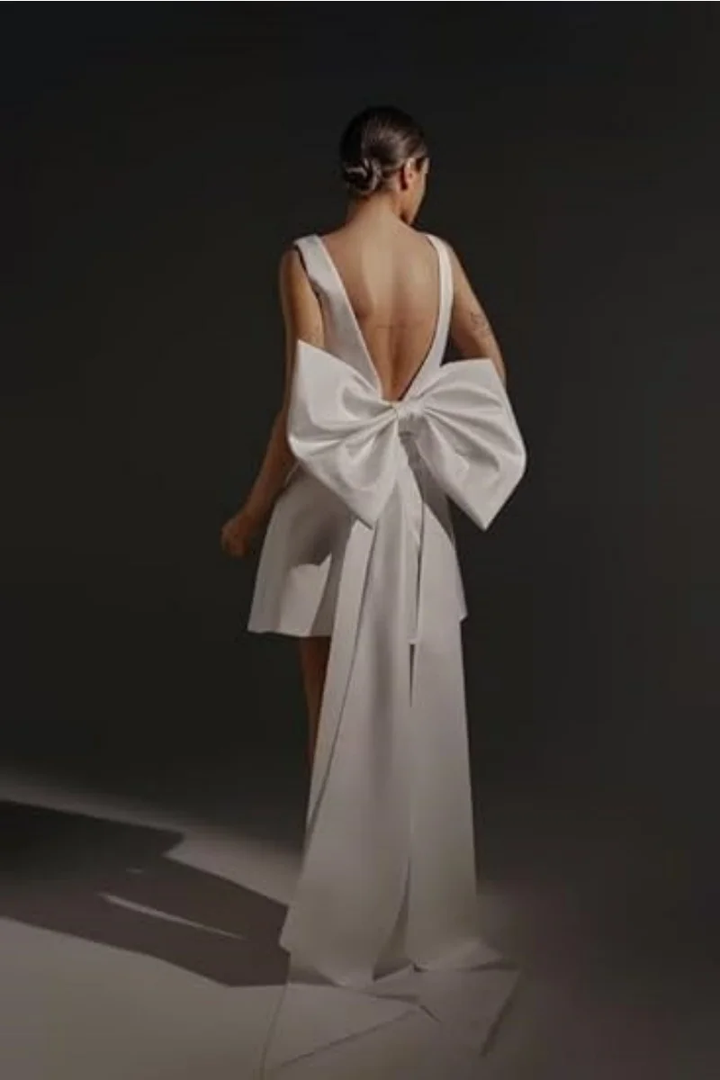 

Satin Dress with Bow in Back Backless Short Wedding Dress for Women A Line Prom Gowns