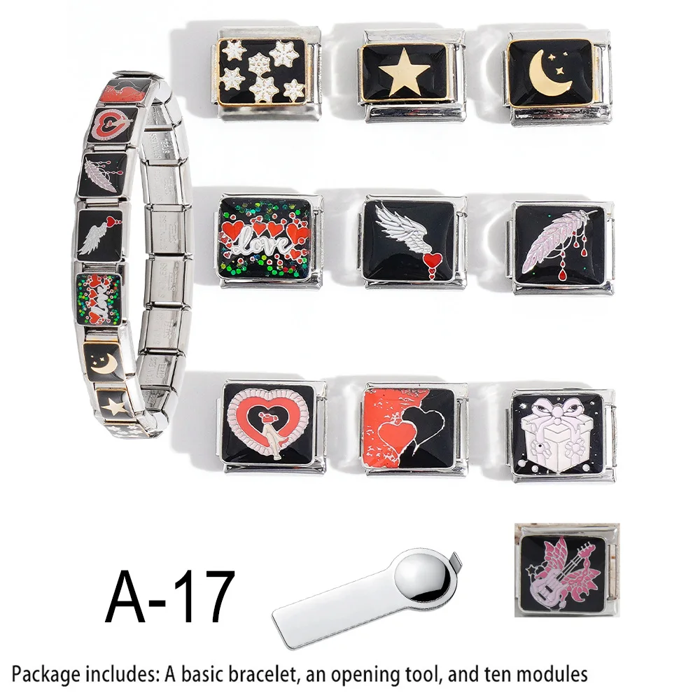 

12pcs Fashion Black Color Heart Star Moon Set Italian Charm Link 9mm Stainless Steel Bracelet Woman Men DIY Making Jewelry Pack
