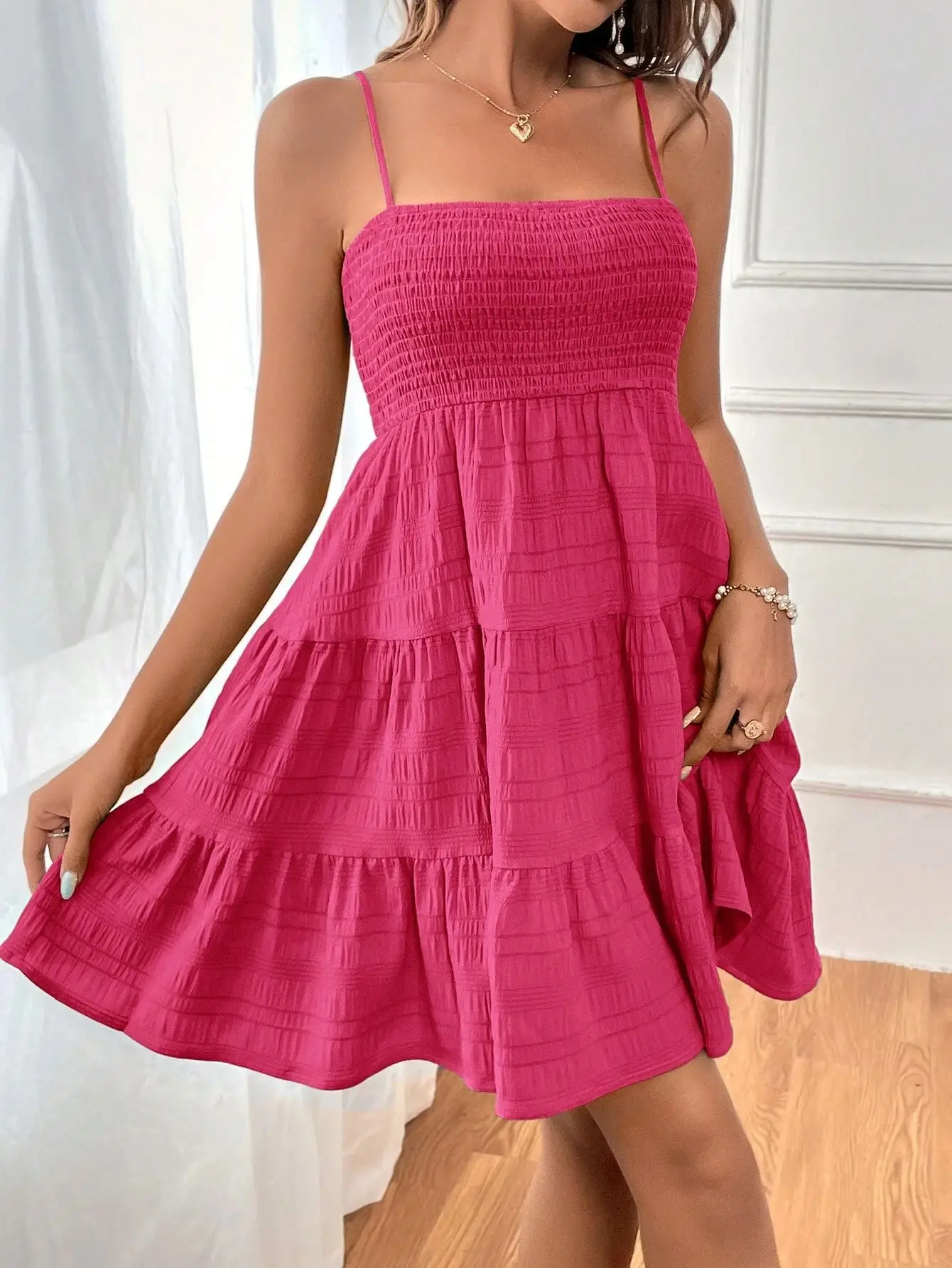 Damenmode Spaghetti-Träger Gerafftes Bustier Minikleid Blau Gerüschtes Mehrlagiges Swing-Kleid Sommer Lässige Urlaubs-Strandkleidung – Detail 19