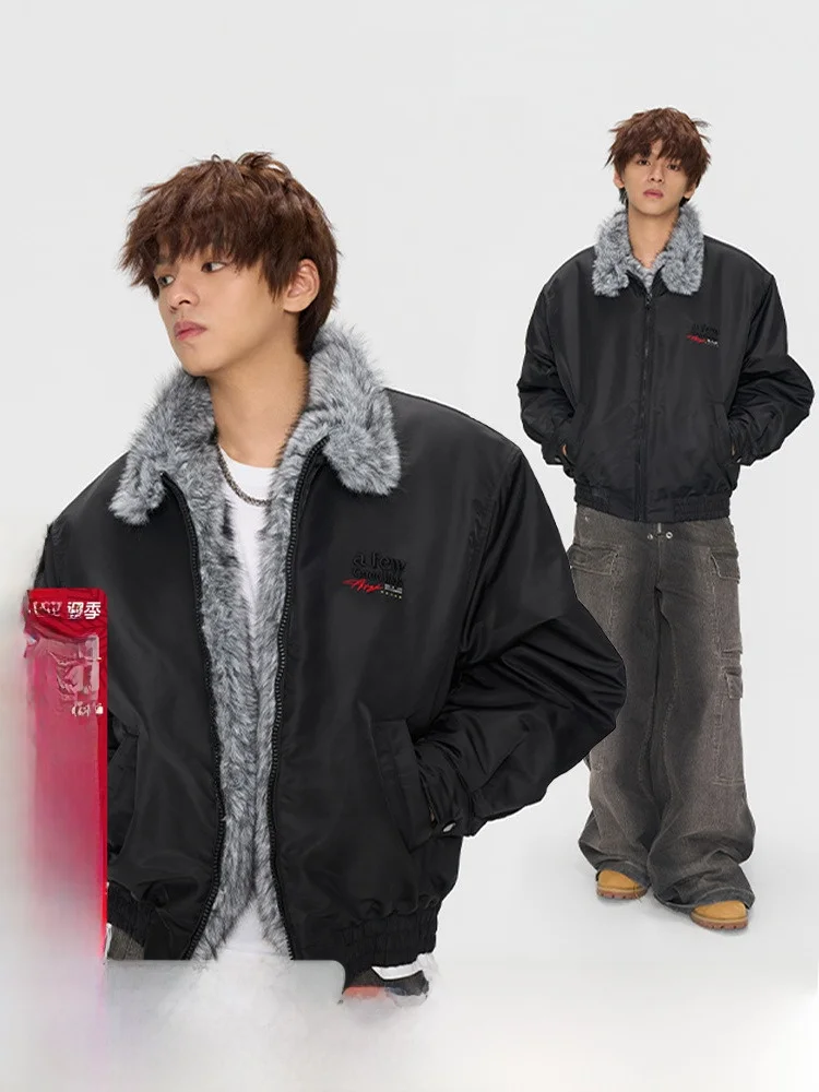 

American Sle Thiened Faux Fur Jaet Cotton Coat Stand Collar Men's Winter Warm Outerwear Youth Faion Nylon Inner L...