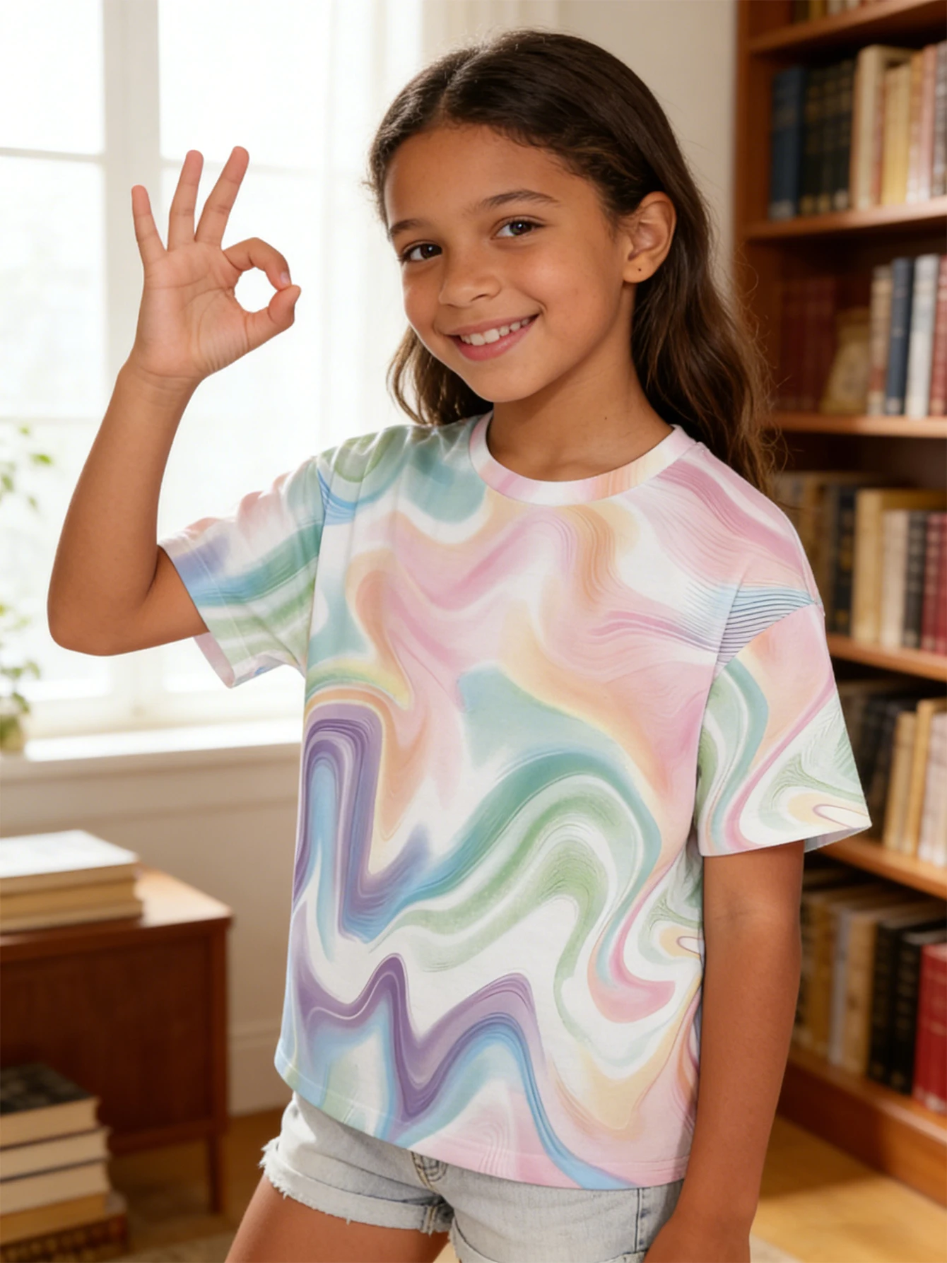 2026 girls macaron color ripple gradual change tie-dye short-sleeved T-shirt