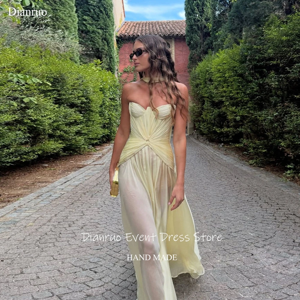 

Dianruo Иллюзионные ленты Вечерние платья Плиссированные желтые шифоновые платья для выпускного вечера Милая длинные халаты De Soirée по индивидуальному заказу