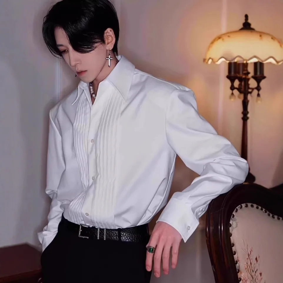 

Мужские повседневные рубашки, весна-осень 2024, мужская рубашка в стиле ретро, нишевый дизайн с рюшами, минималистичный флюенсер, костюмные рубашки с длинными рукавами