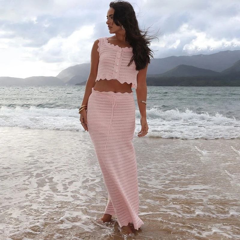 

Tornova Knitted Hollow Out Skirt Set Women's Sleeveless Vest High Waist Slim Skirt 2-Piece Set Summer Sea Vacation Skirt Suit