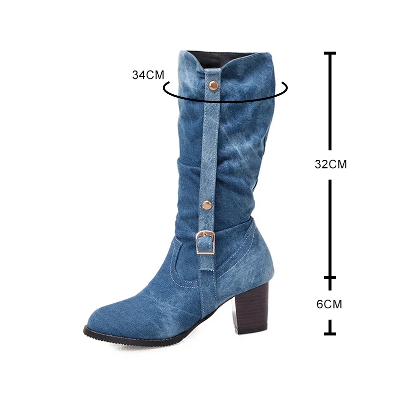 2025 Sexy Jean Boots Women\'s Long Tube Short Boot Winter High Heel Denim Boot Lady Stylish Jeans Boots Buckle Strap Shoes Cowboy