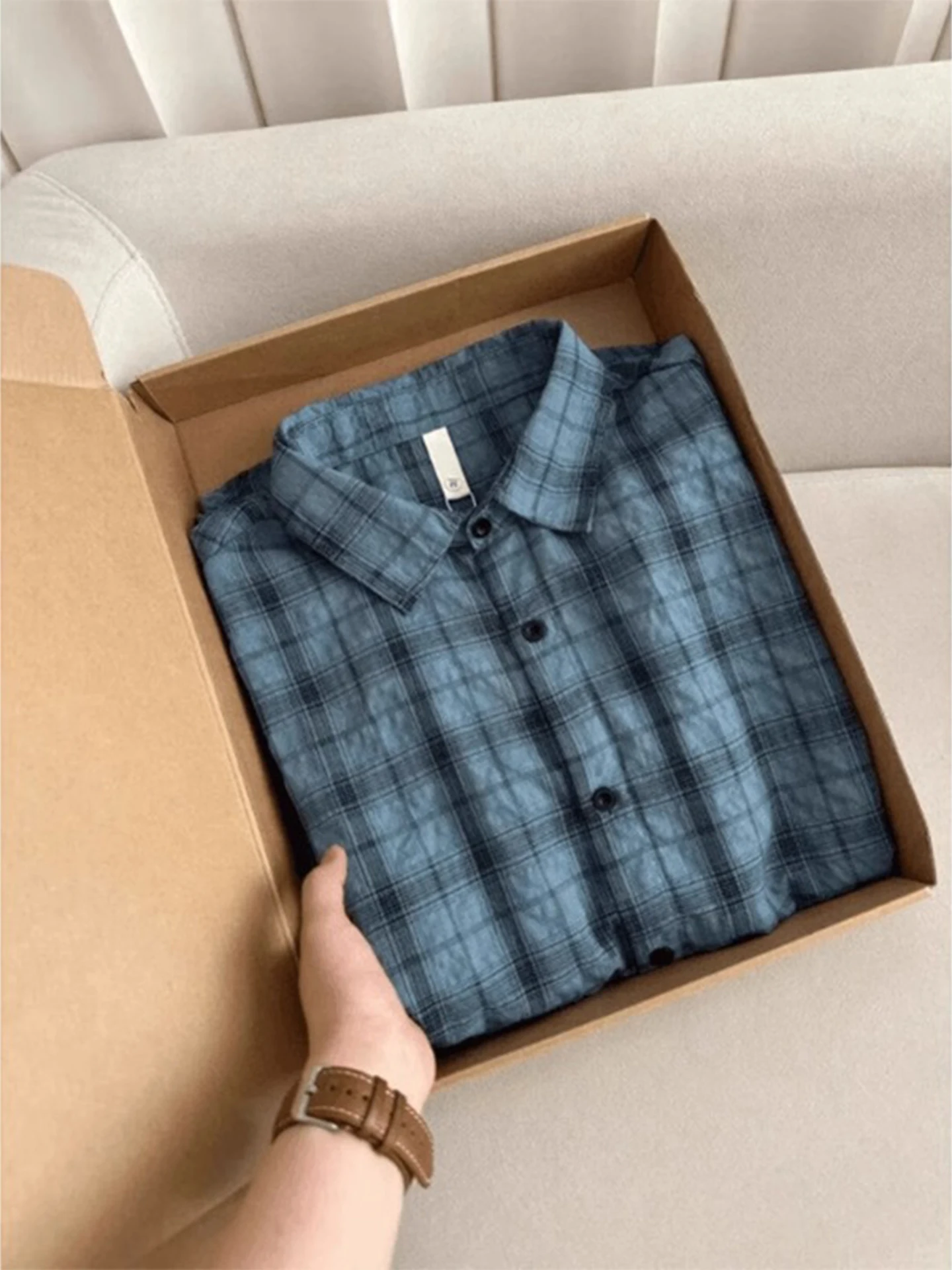 

Blue Plaid ort Sve Ice Silk Men's irt Summer Lazy Loose American Retro id Sun Protection Outerwear Breathable Thin S...