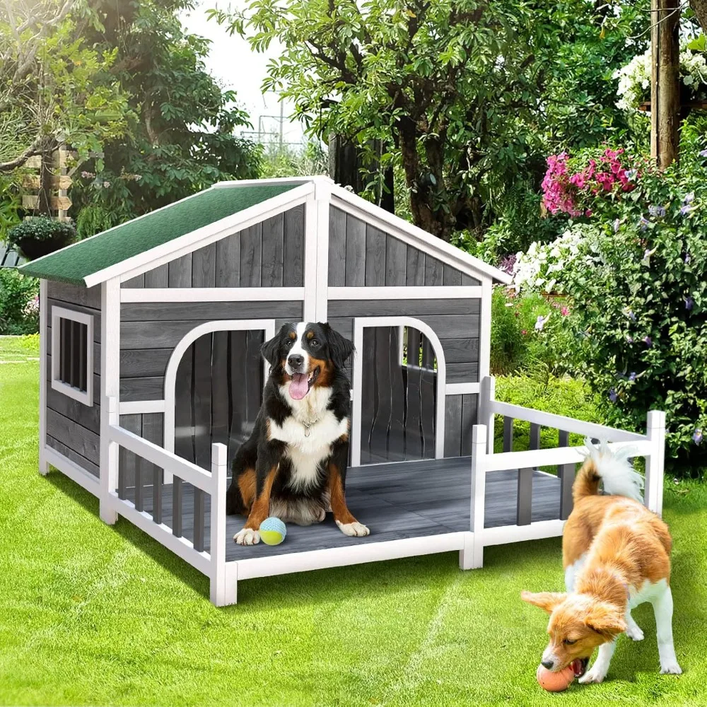 Wood Large Outdoor Dog House Cabin Style Elevated Pet Shelter with Porch Deck, Weatherproof Dog House for Small & Medium Dogs