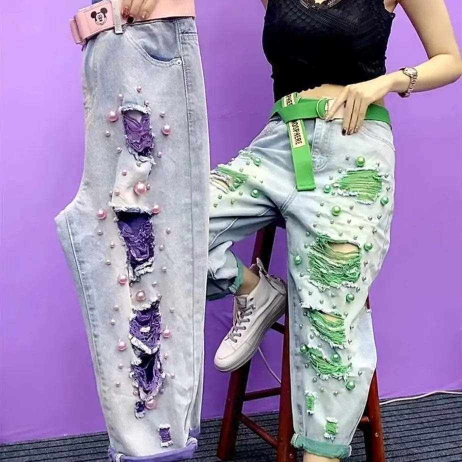 الثقيلة مزين فضفاض صالح أبي الجينز المسيل للدموع حفرة اللون بلو رقيقة Sle الصيف جديد وصول الدينيم بناطيل كاجوال للنساء