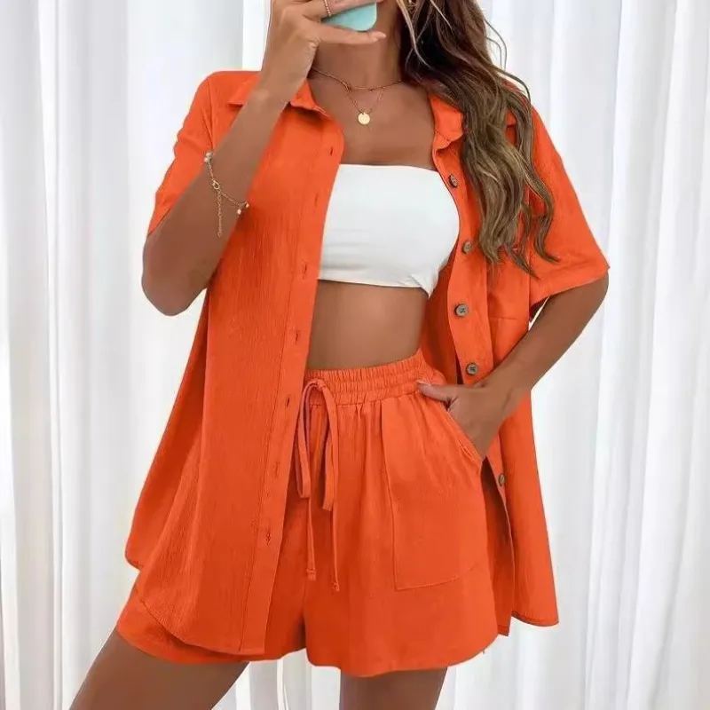 Summer Women's Short Sets Solid Color Single Breasted Turndown Collar Short Sleeved Shirt Casual Shorts Two-piece Set