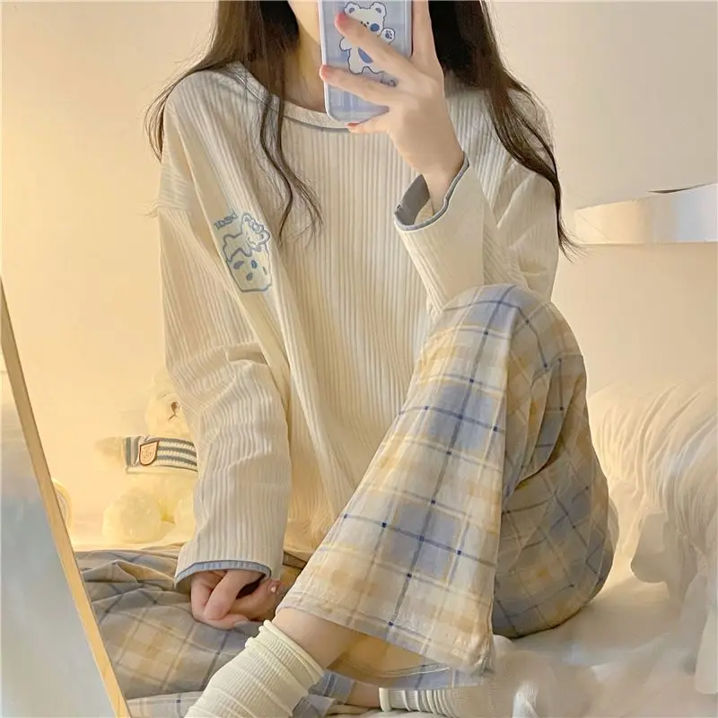 Autumn Winter New Korean Kawaii Pajama Set for Women Pajamas Cotton Long Sleeve Big Pijamas Fashion Sleepwear