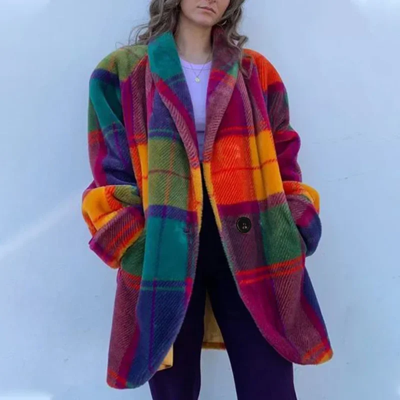 

2024 Women's Warm Coat Long-Sleeved Lapel Jacket Elegant Temperament Winter Coat Warm Loose Printed Pocket Women's Clothing