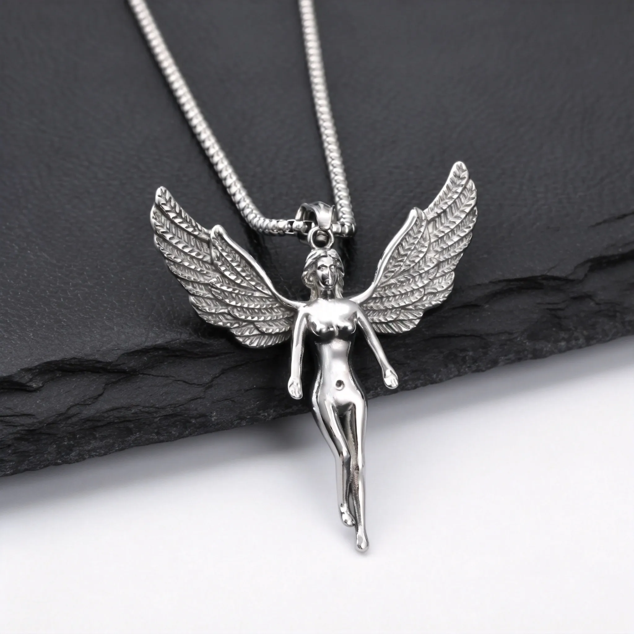 Spreading Wings Angel Necklace for Men,3D Silver Color Stainless Steel Female Angel,Rock Punk Jewelry Gift