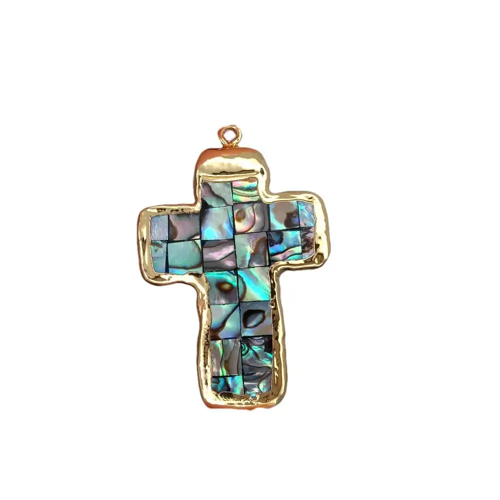 5 Pcs Multi Color Abalone Shell 30x45mm Crucifix Pendant Gold Plated For Jewelry Making