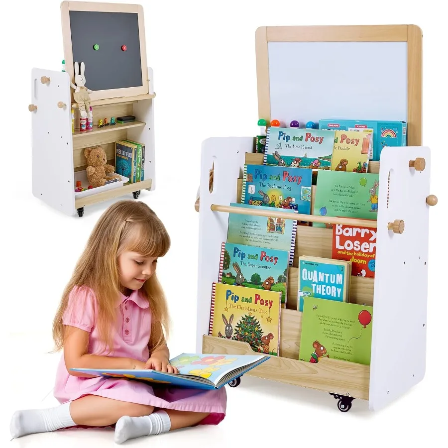 3in1 Wooden Art Easel with Wheels for Toddlers: Bookshelf Toy Storage Organizer and DualSurface Easel featuring Chalkboard Whit