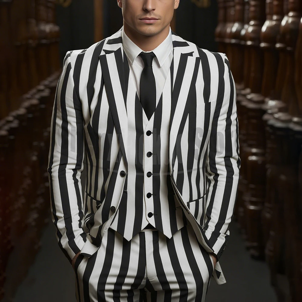 

Men Suits Black and White Striped Blazer Sets 3 Piece Chic Notch Lapel Single Breasted Smart Casual Suit (Jacket+Vest+Pants)
