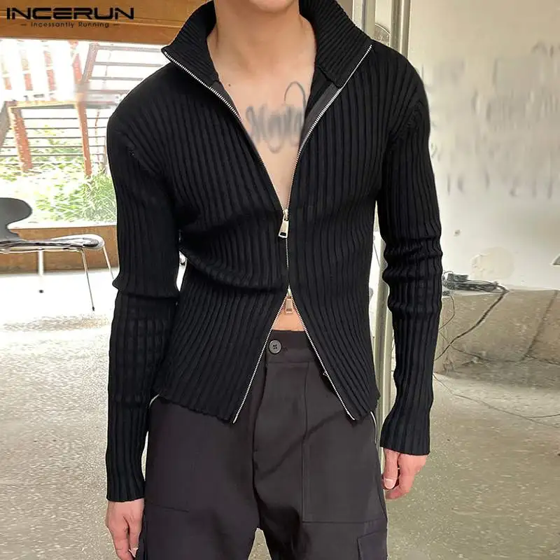 INCERUN Tops 2023 Korean Style Handsome Men Solid Knitted Pit Stripe T-shirts Casual Double Head Zipper High Neck Camiseta S-5XL