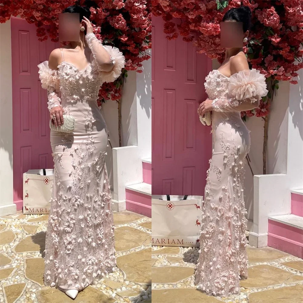 

Saudi Arabia Evening Dress Formal Sweetheart Sheer Straps A-line Floor Length Skirts Flower Bespoke Occasion Dresses Prom Gown