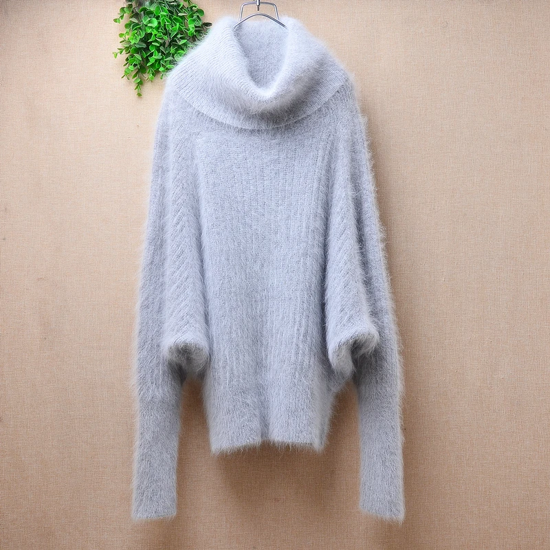 Women Mujer Autumn Winter Clothing Grey Striped Hairy Angora Rabbit Hair Knitted Long Sleeves Turtleneck Loose Pullover Sweater