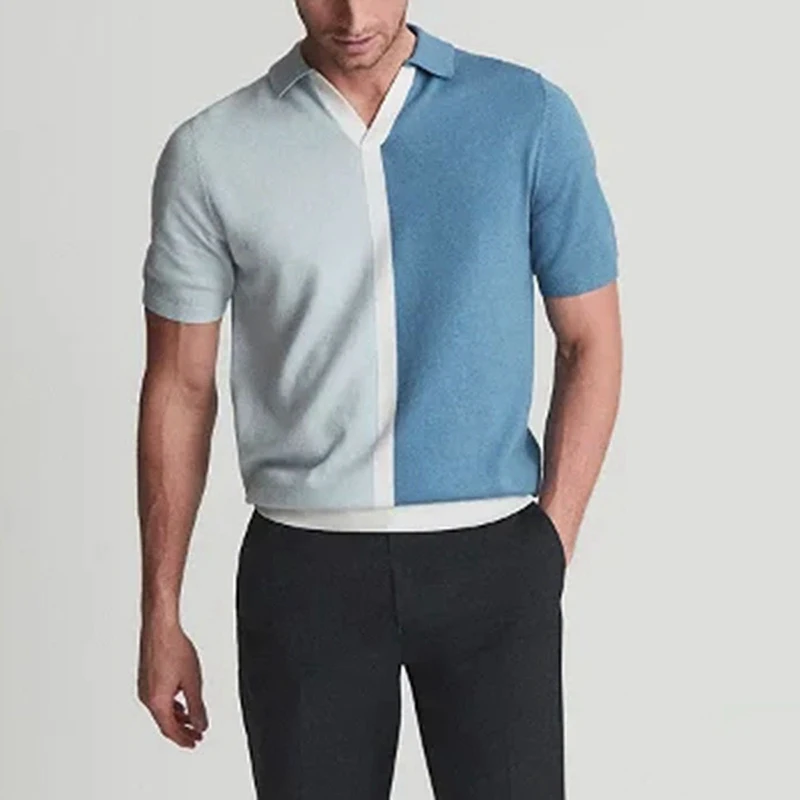 Summer Fashion Patchwork Knitted Mens Polo Shirt Slim Short Sleeve Buttoned Lapel Knit Tops Men Casual Breathable Knitting Polos